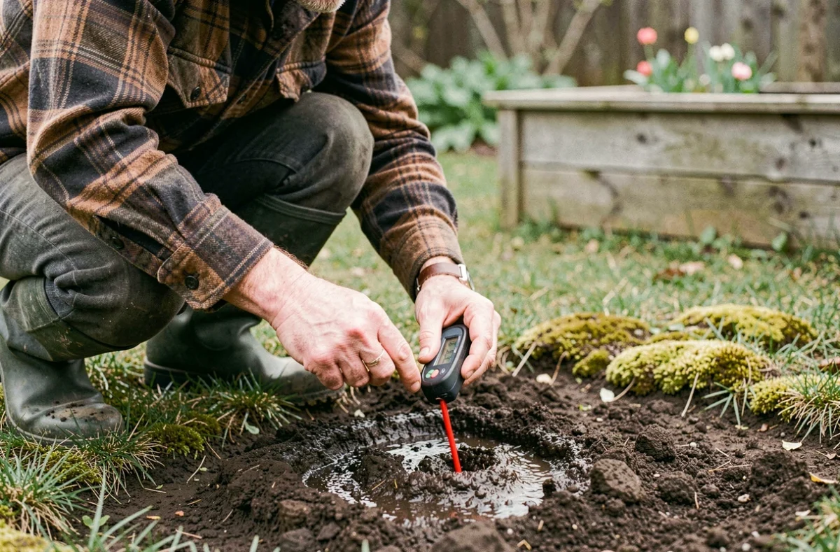 Homme mesurant le pH du sol avec un testeur numérique avant l'apport de chaux au jardin