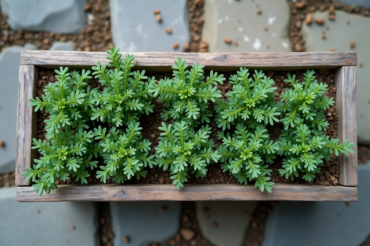 Vue aérienne de plants de thym cultivés dans un bac en bois sur une terrasse de petit jardin