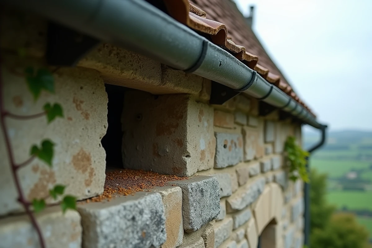 Toiture d'une maison en pierre avec interstices sous les tuiles permettant l'intrusion d'animaux sauvages, traces de crottes visibles sur le rebord