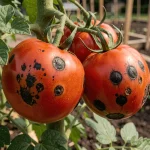 Gros plan sur des tomates rouges présentant des taches noires sur la peau, encore accrochées à leur plant dans un potager
