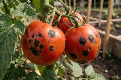 Gros plan sur des tomates rouges présentant des taches noires sur la peau, encore accrochées à leur plant dans un potager
