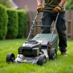 Homme utilisant une tondeuse sur batterie robuste dans un grand jardin envahi d'herbe épaisse, illustrant un usage intensif