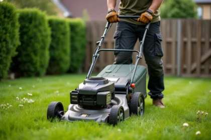 Homme utilisant une tondeuse sur batterie robuste dans un grand jardin envahi d'herbe épaisse, illustrant un usage intensif