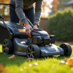 Personne réglant la hauteur d'une tondeuse moderne dans un jardin automnal