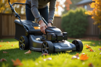 Personne réglant la hauteur d'une tondeuse moderne dans un jardin automnal