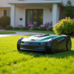 Tondeuse robotique moderne dans un jardin bien entretenu