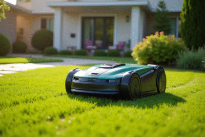 Tondeuse robotique moderne dans un jardin bien entretenu