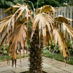 Palmier Trachycarpus fortunei malade dans un jardin avec des frondes jaunies et des taches nécrotiques visibles sur les feuilles
