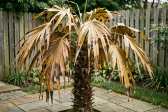 Palmier Trachycarpus fortunei malade dans un jardin avec des frondes jaunies et des taches nécrotiques visibles sur les feuilles