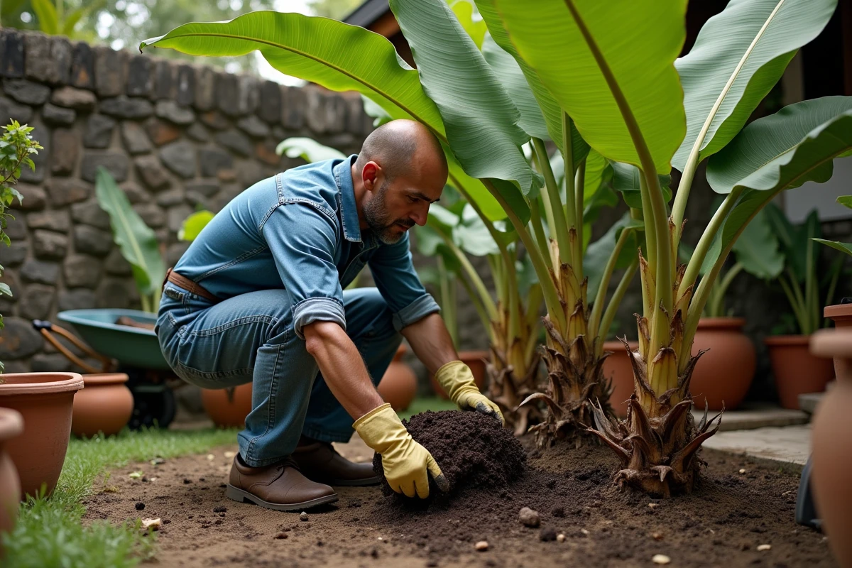 Jardinier amendant la terre d'un bananier malade avec du compost organique pour restaurer la santé du sol