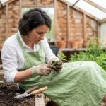 Jardinière transplantant des plants de concombre dans une serre en bois avec des rangées de pots en terre cuite