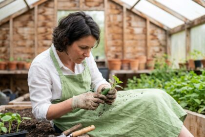 Jardinière transplantant des plants de concombre dans une serre en bois avec des rangées de pots en terre cuite