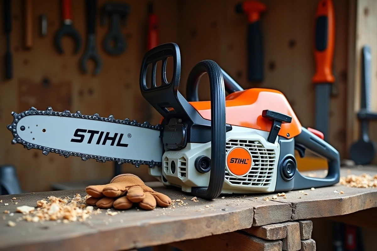 Gros plan sur une tronçonneuse STIHL MS 211 posée sur un établi en bois avec équipement d'atelier