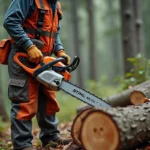 Professionnel forestier tenant une tronçonneuse STIHL MS 211 en forêt avec équipement de protection complet