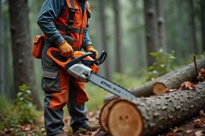 Professionnel forestier tenant une tronçonneuse STIHL MS 211 en forêt avec équipement de protection complet