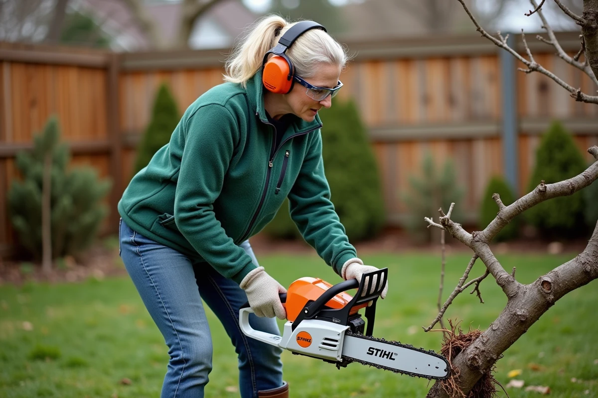 Femme utilisant une tronçonneuse STIHL MS 211 pour élaguer des branches dans un jardin résidentiel
