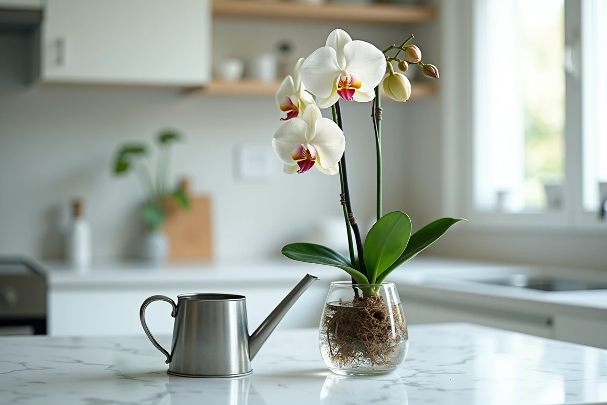 Vase en verre sans trou de drainage avec orchidée aux racines pourries dans l'eau stagnante