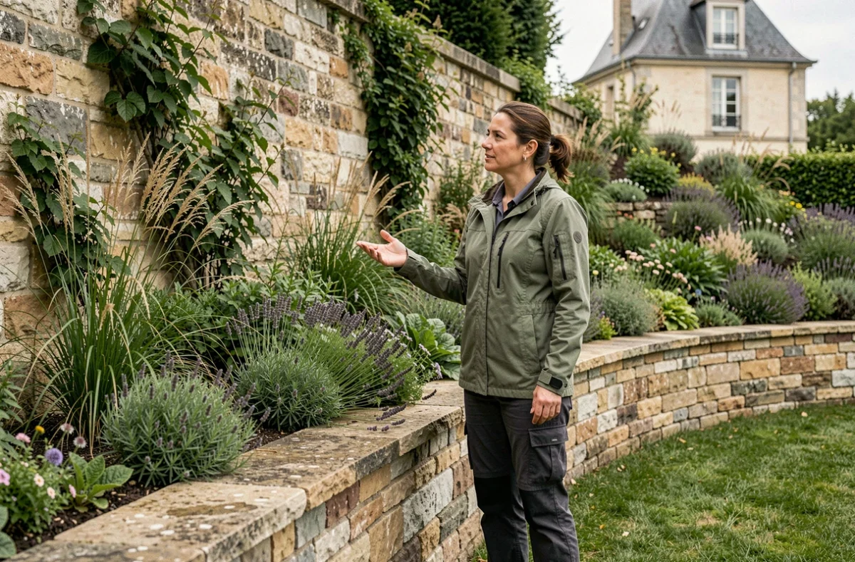 Paysagiste Vert de Baumes devant un mur végétalisé dans un jardin naturel de banlieue parisienne