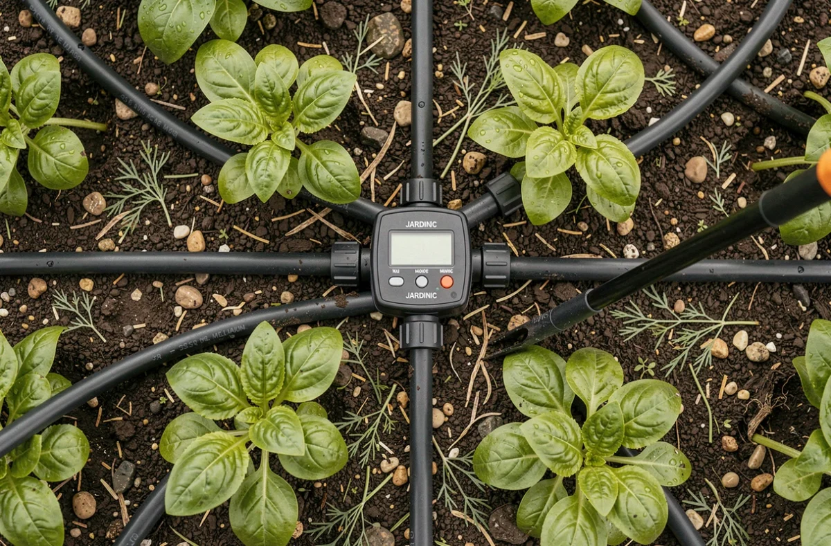 Vue aérienne d'un potager avec réseau de tuyaux d'irrigation goutte-à-goutte et minuterie programmable