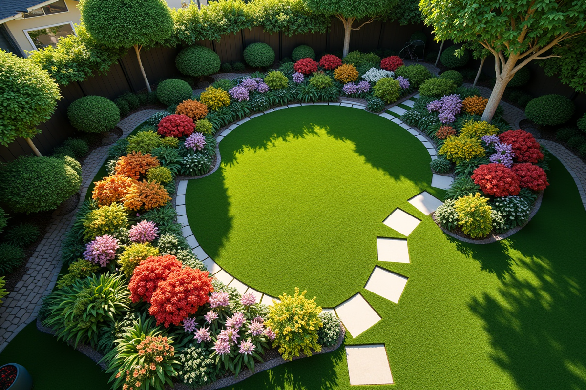 Vue aérienne d’un jardin moderne avec parterre en U coloré