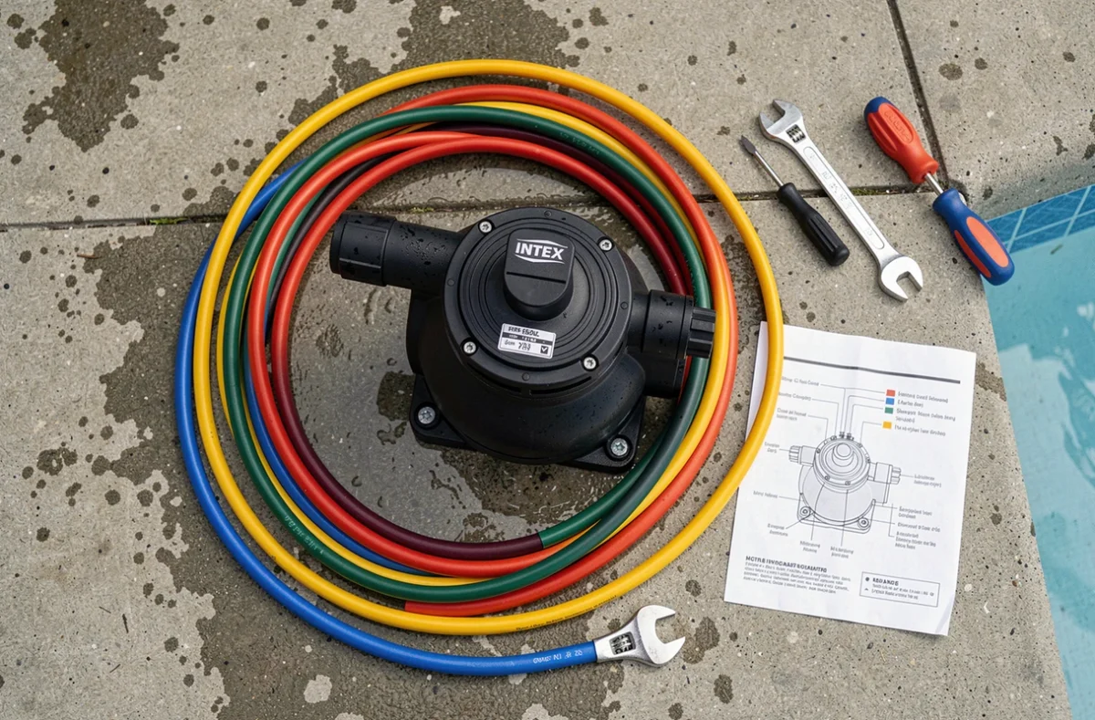 Vue en plongée d'une pompe piscine Intex avec schéma de connexion et outils sur une margelle en béton