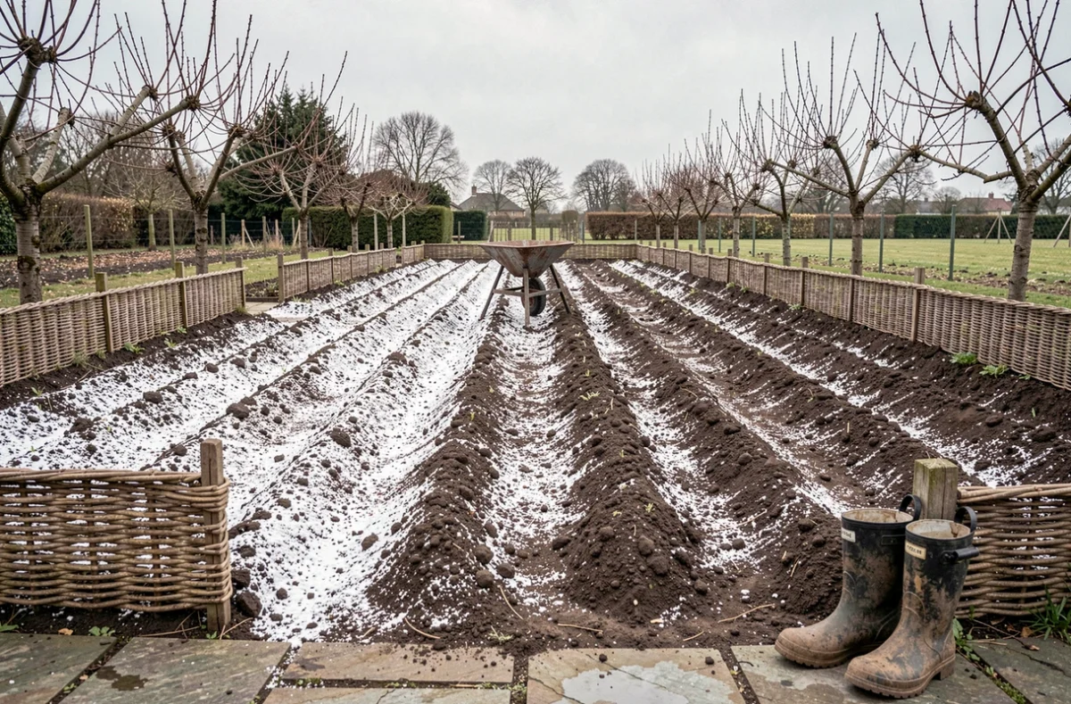 Vue d'ensemble d'un potager avec sol chaulé au printemps, épandeur à main et rangées de terre travaillée